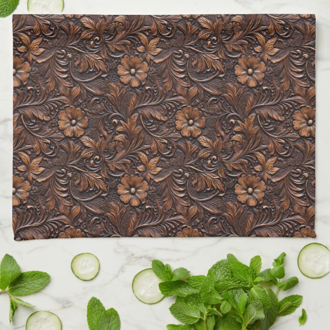 Western Cowgirl Brown Flowers Tea Towel (Folded)
