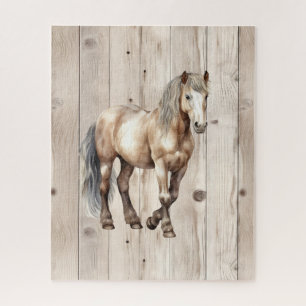 Western Cowgirl Cowboy Horse Faux Wood Jigsaw Puzzle