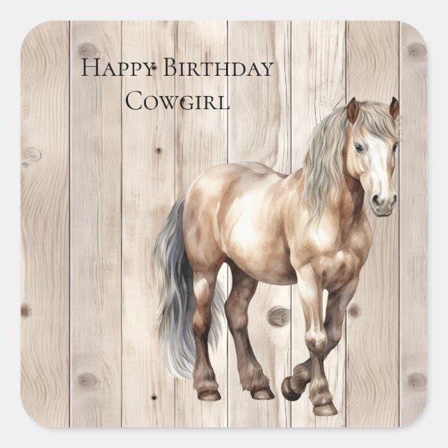 Western Cowgirl Cowboy Horse Faux Wood Square Sticker (Front)