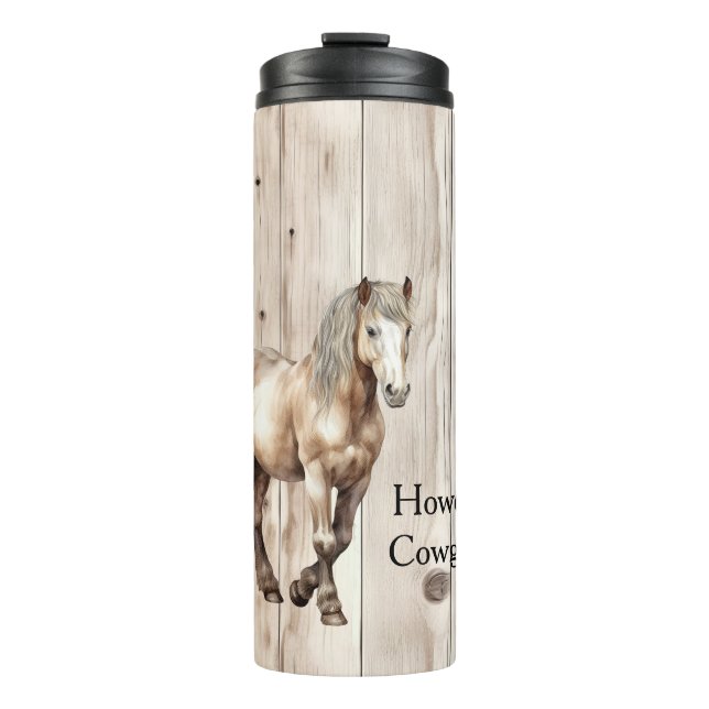 Western Cowgirl Cowboy Horse Faux Wood Thermal Tumbler (Front)