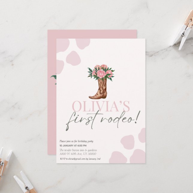 Western cowgirl first birthday rodeo baby girl invitation (Front/Back In Situ)