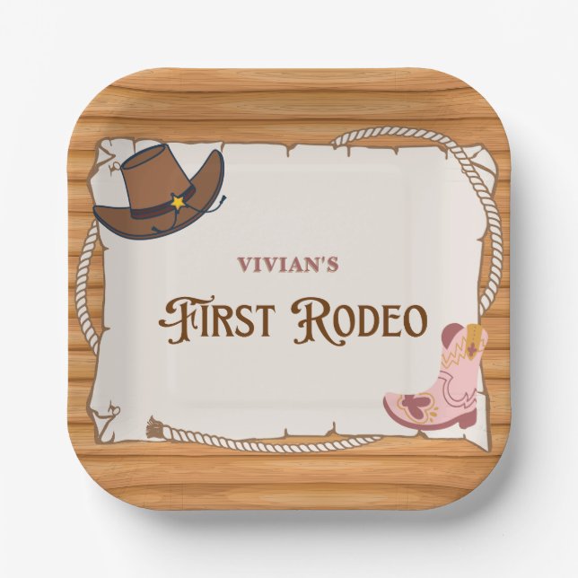 Western Cowgirl First Rodeo Birthday Paper Plate (Front)