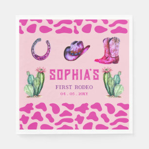Western Cowgirl First Rodeo Pink Girls Birthday Napkin