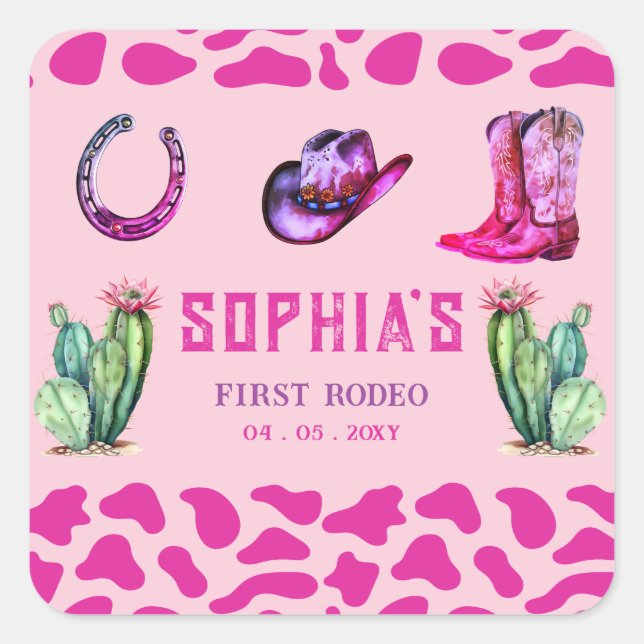 Western Cowgirl First Rodeo Pink Girls Birthday Square Sticker (Front)