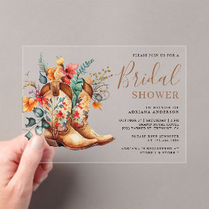 Western Cowgirl Floral Boots Bridal Shower Acrylic Invitations