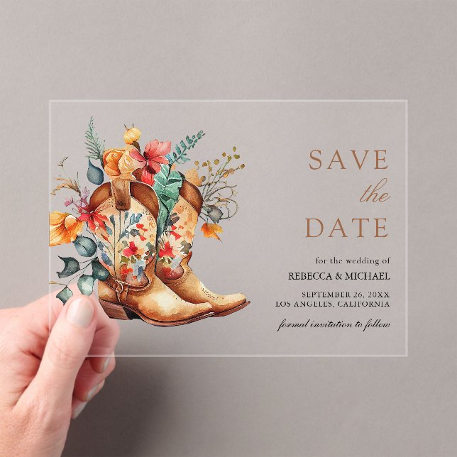 Western Cowgirl Floral Boots Wedding Save the Date Acrylic Invitations (Insitu (Handheld))