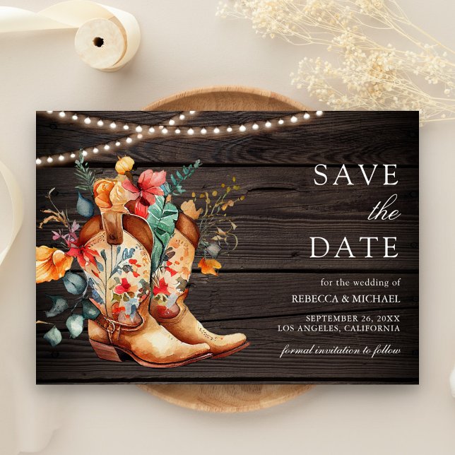 Western Cowgirl Floral Boots Wood Wedding Save The Date (Creator Uploaded)