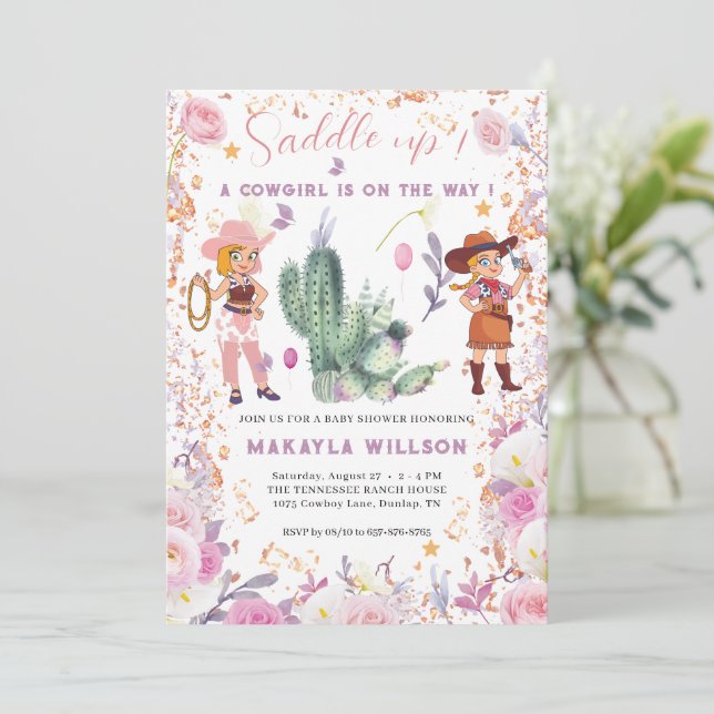 Western cowgirl Floral Watercolor Baby Girl Shower Invitation (Standing Front)