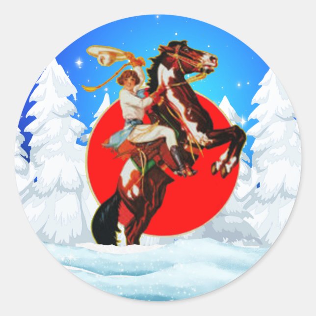 Western Cowgirl Horse Winter Scene Classic Round Sticker (Front)