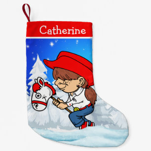 Western Cowgirl Kid On Stick Horse Winter Scene Small Christmas Stocking