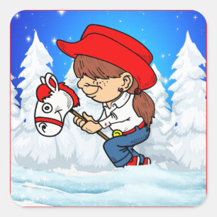 Western Cowgirl Kid On Stick Horse Winter Scene Square Sticker