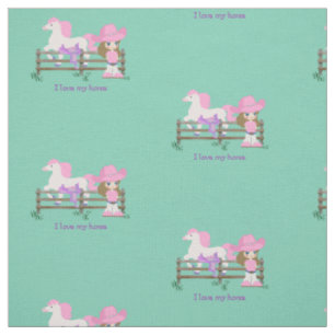 Western Cowgirl Kid With Horse And Saddle Print Fabric
