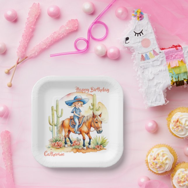 Western Cowgirl on Horse Personalised Birthday Paper Plate (Party)