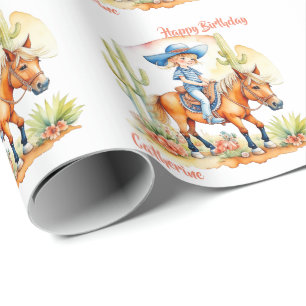 Western Cowgirl on Horse Personalised Birthday Wrapping Paper