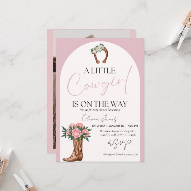 Western cowgirl photo baby shower invitation (Front/Back In Situ)