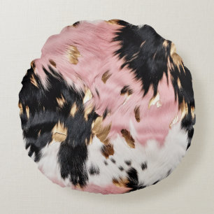 Western Cowgirl Pink Black White Gold Abstract Round Cushion