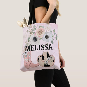 Western cowgirl pink boots hat personalize tote bag