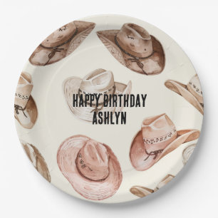 Western Cowgirl Pink Brown Hats Birthday Paper Plate