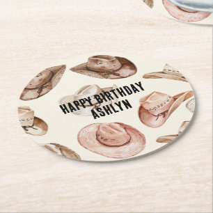 Western Cowgirl Pink Brown Hats Birthday Round Paper Coaster
