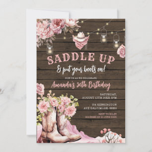 Western Cowgirl Pink Floral Wood Rustic Birthday Invitation