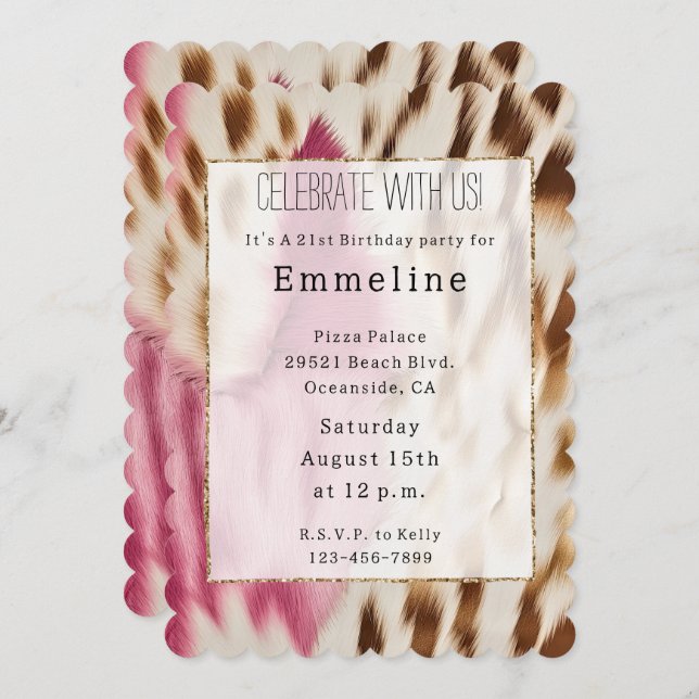 Western Cowgirl Pink Gold White Cowhide Invitation (Front/Back)
