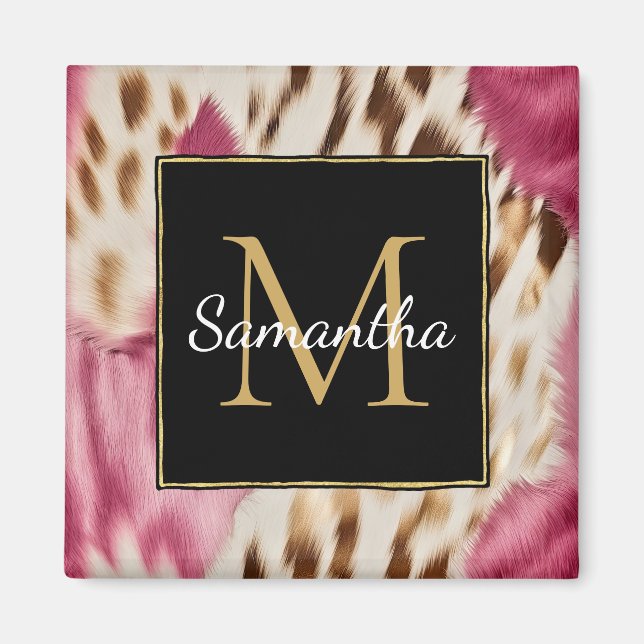 Western Cowgirl Pink Gold White Cowhide Magnet (Front)