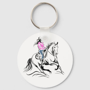 Western Cowgirl Riding Horse Illustration Key Ring