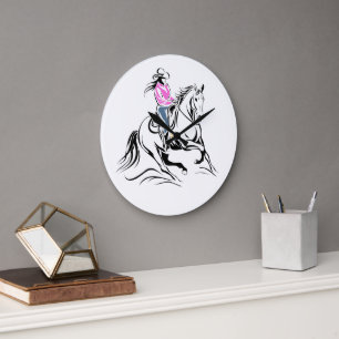 Western Cowgirl Riding Horse Illustration Large Clock