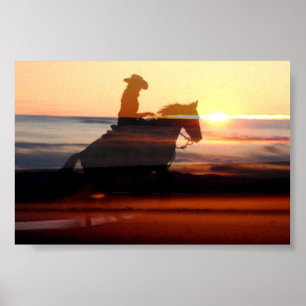 Western Cowgirl riding off into the sunset Poster
