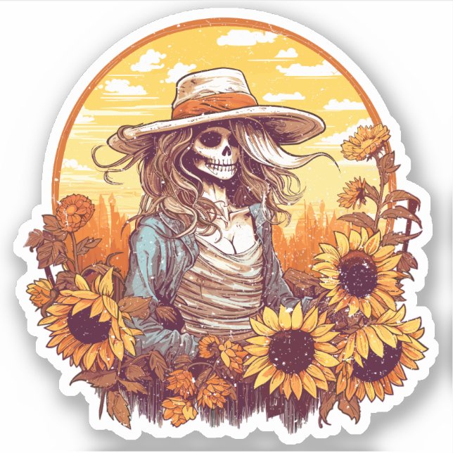 Western Cowgirl Skeleton With Fall Sunflowers (Front)