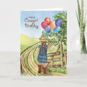 Western Cowgirl with Balloon Girl's 5th Birthday Card