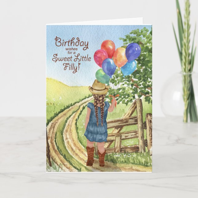 Western Cowgirl with Balloon Girl's Birthday Card (Front)