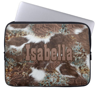 Western Cowhide Brown Leather Print Rodeo Laptop Sleeve
