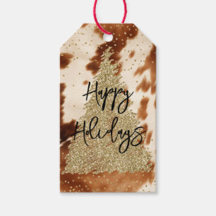 Western Cowhide Gold Glitter Christmas Tree    Gift Tags