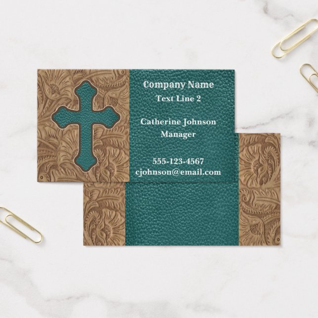Western Cross And Faux Leather Print Business Card (Office)