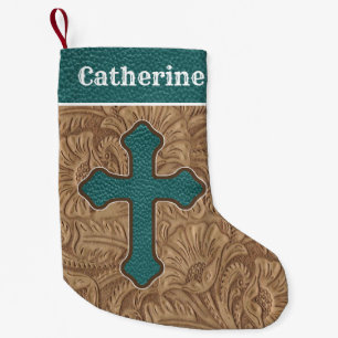 Western Cross Faux Leather Print Teal/Brown Small Christmas Stocking