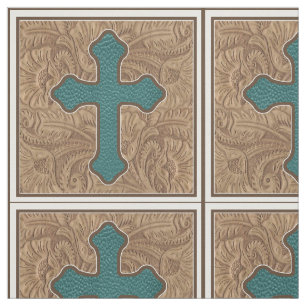 Western Cross Teal And Brown Faux Leather Fabric