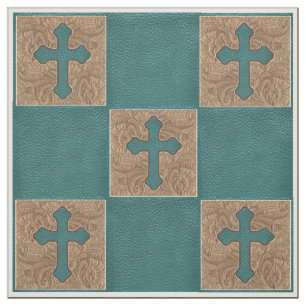 Western Cross Teal / Brown Faux Leather Fabric 9"