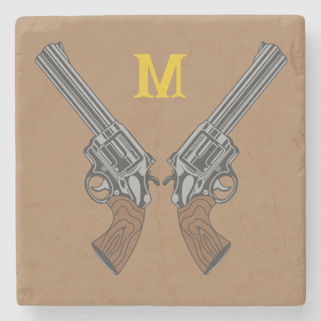 Western Crossed Guns With Monogram Stone Coaster (Front)