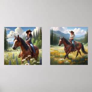 Western Decor Cowgirls Riding Horse Print Set