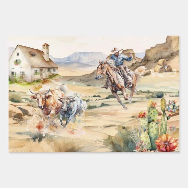 Western decoupage - cowboy outride country desert wrapping paper sheet (Front)