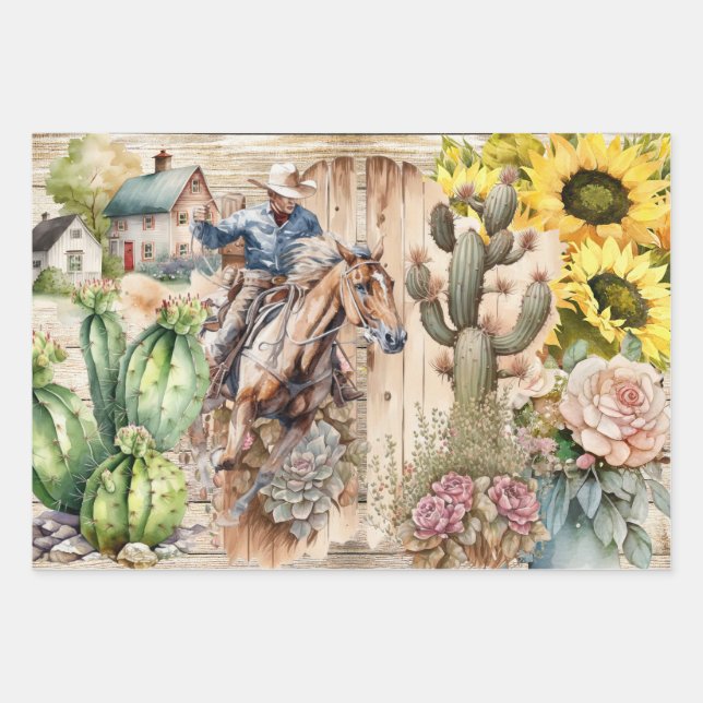 Western decoupage - cowboy sunflower rustic ranch wrapping paper sheet (Front 3)