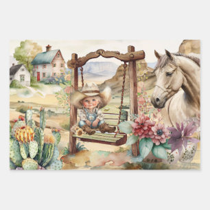 Western decoupage - little cowgirl on swing horse  wrapping paper sheet