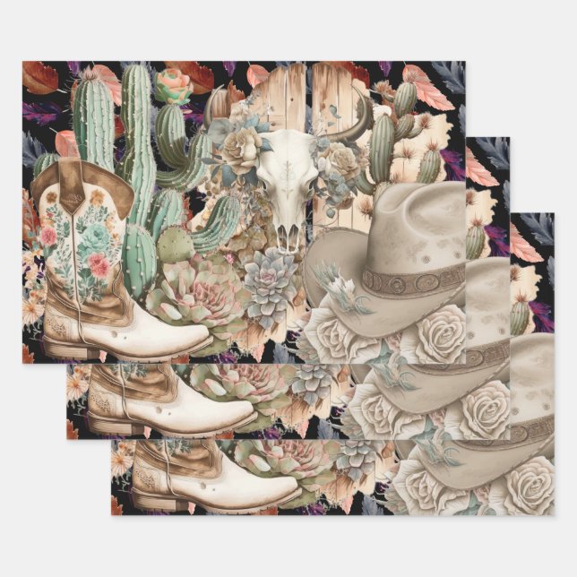 Western decoupage - skull cowboy boots cactus wrapping paper sheet (Set)