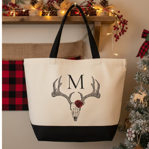 Western Deer Head Reindeer Antlers Monogrammed Tote Bag