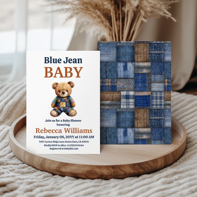 Western Denim Patchwork Bear Blue Jean Baby Shower Invitation (Creator Uploaded)