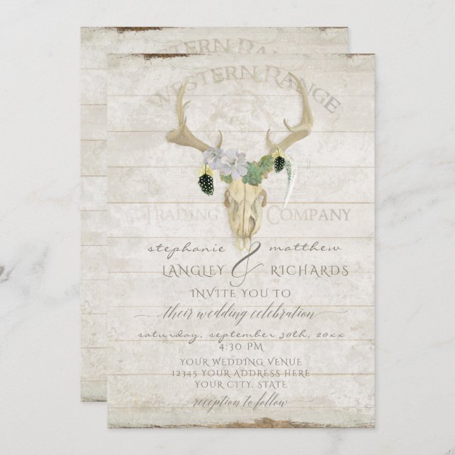 Western Desert Boho Bohemian Deer Antler Skull Art Invitation (Front/Back)