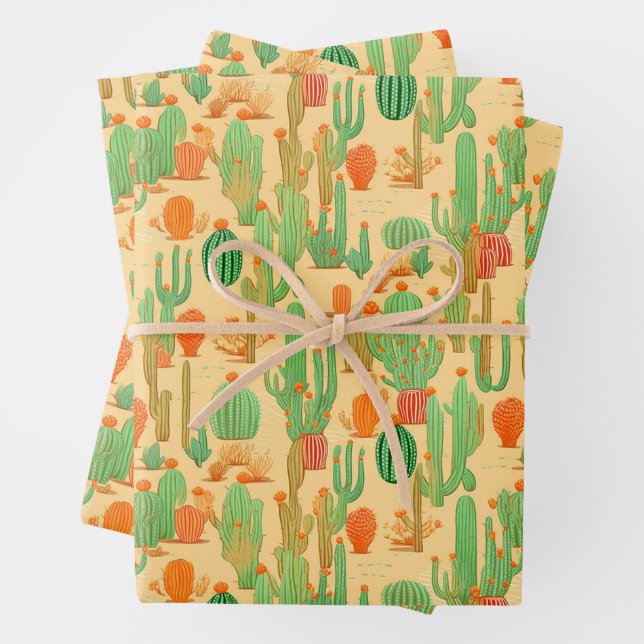 Western Desert Cactus Floral Bloom Pattern Wrapping Paper Sheet (In situ)