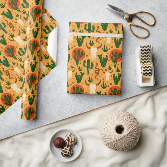 Western Desert Skulls Cactus Snakes Rustic Pattern Wrapping Paper (Crafts)