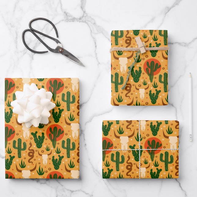 Western Desert Skulls Cactus Snakes Rustic Pattern Wrapping Paper Sheet (Front)